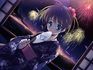 woman with brown hair wearing blue kimono holding hand fan illustration