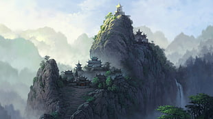 gray pagoda on mountain wallpaper, fantasy art, mountains, temple, artwork