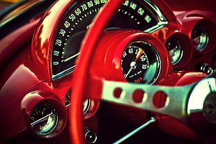 red vehicle steering wheel, car, muscle cars, interior