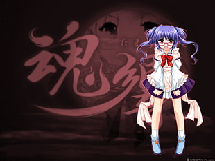 female anime character wearing purple and white dress