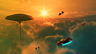 aircraft flying toward tower digital wallpaper, Star Wars, Millennium Falcon, cloud city