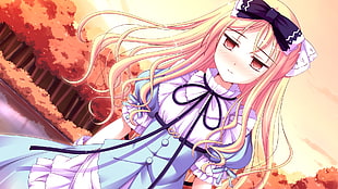 girl with blonde hair wearing blue and white dress blushing anime wallpaper
