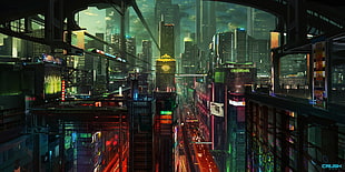 high rise buildings digital wallpaper, cyberpunk, city, night, skyscraper