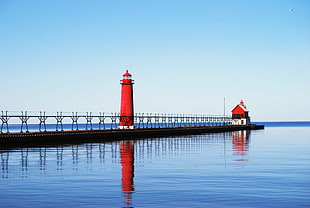 red lighthouse, sea, light house, pier, Lake Michigan