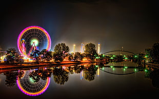 city fairground, cityscape, river, bridge, lights HD wallpaper