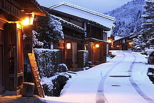 brown and black house beside road covered by snow near mountains, Japan, street, snow, winter