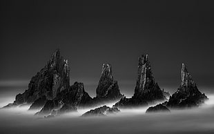 grayscale photo of rocky mountains, nature, landscape, mist, mountains