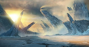 ice berg during golden hour, fantasy art, digital art, nature, landscape