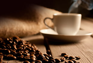 coffee beans near white ceramic tea set HD wallpaper