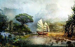 painting of brown and white sailboat near tree, fantasy art