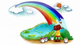 rainbow illustration, rainbows, children HD wallpaper