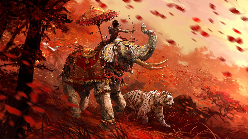 gray elephant and white tiger illustration, Far Cry 4, video games, elephant, white tigers HD wallpaper