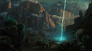 lightning strike at mountains surrounded by cactus digital wallpaper