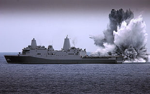 white and black concrete building, ship, explosion, LPD-19, USS Mesa Verde HD wallpaper