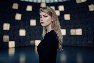 women's black long-sleeved top, blonde, Irina Popova, model, looking at viewer