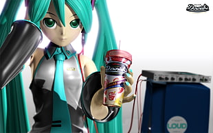 green haired female character holding tumbler figurine
