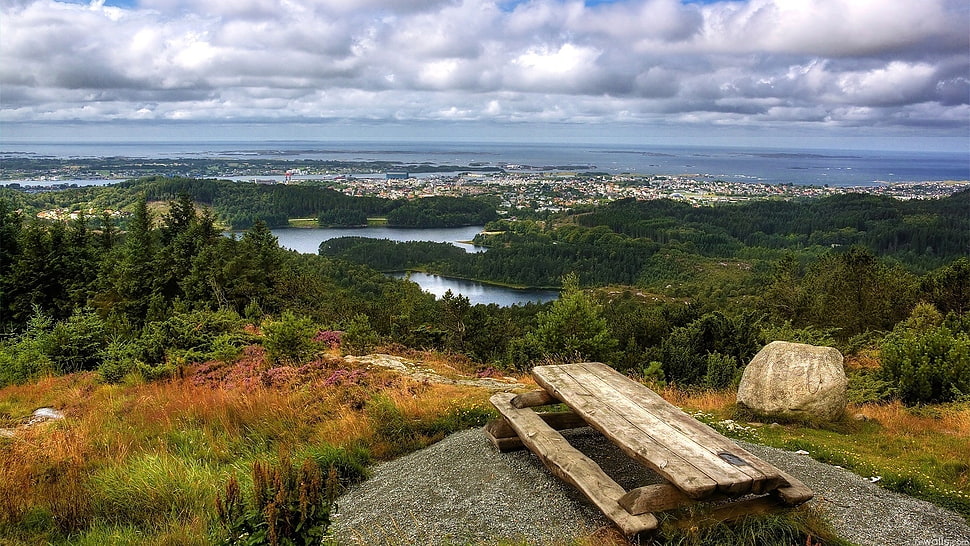 brown wooden picnic table on hill HD wallpaper