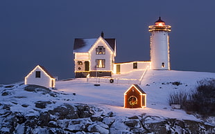 white painted lighthouse, house, lighthouse, lights, night