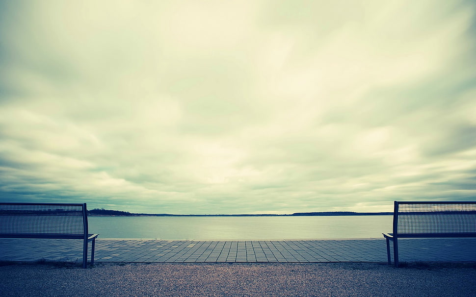 body of water, photography, nature, landscape, bench HD wallpaper