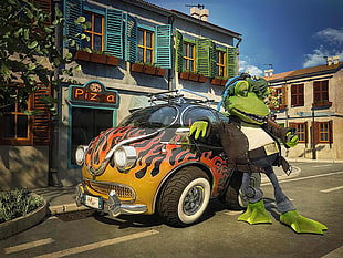 black and orange flame print car with frog near Pizza store facade illustration