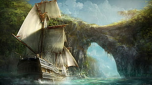 galleon ship wallpaper, artwork, boat, ship, sailing HD wallpaper