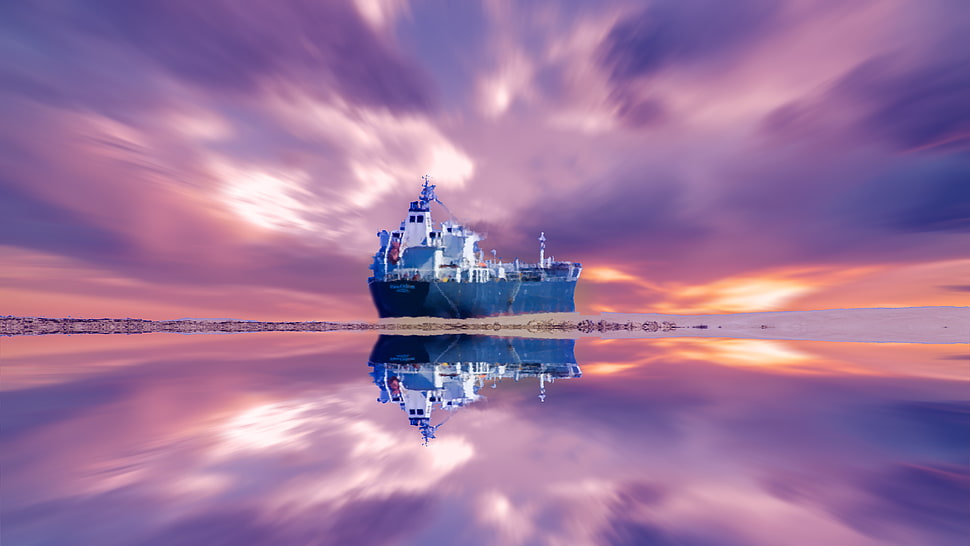 selective focus photography of black boat in the middle of body of water under nimbostratus cloud HD wallpaper