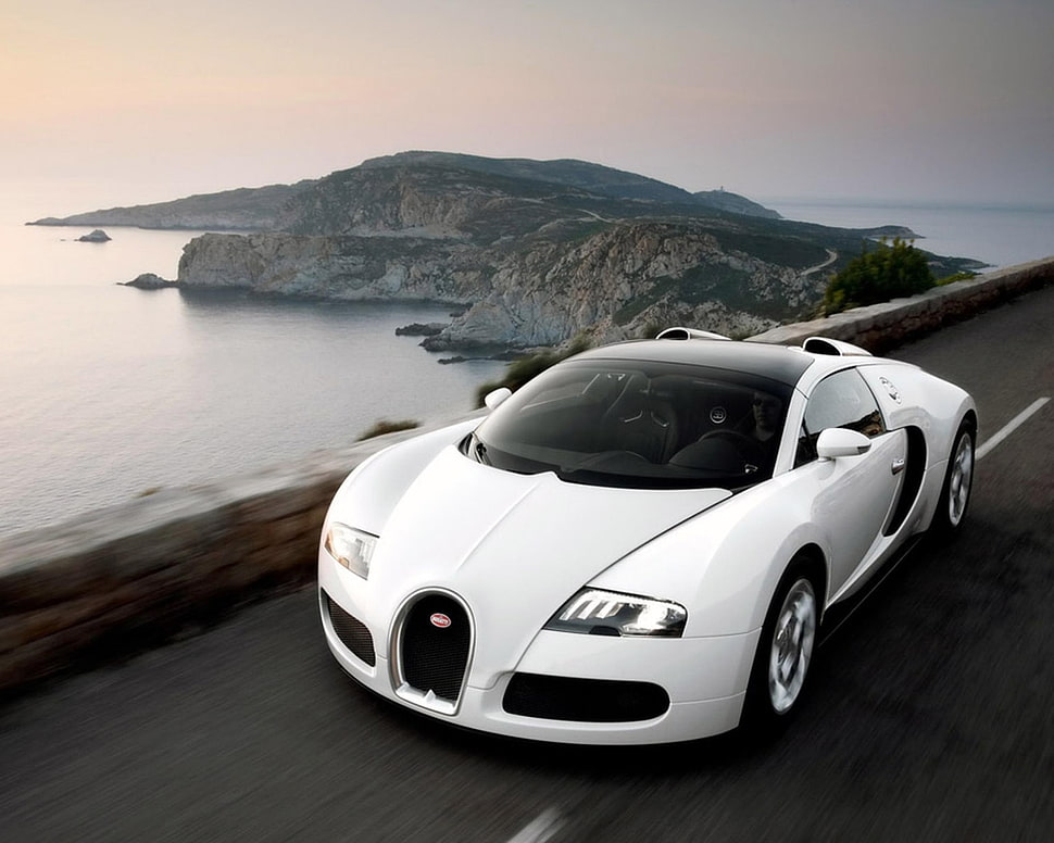 white Bugatti Veyron on concrete road HD wallpaper