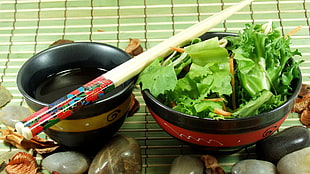 brown and red chopsticks on black bowl with green vegeatbles