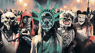 villains digital wallpaper, The Purge, the purge election year, mask, Statue of Liberty