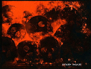 orange and black skull wallpaper, skull, horror, fire, artwork