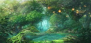 rain forest wallpaper, fantasy art, forest, trees, birds HD wallpaper