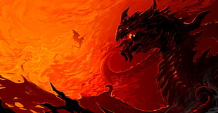 black and red dragon digital wallpaper, artwork, dragon, fire