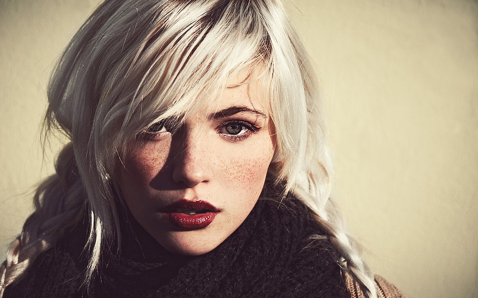 woman wearing red lipstick and black scarf HD wallpaper