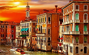 brown concrete high-rise building paintings, Venezia Canal Grande, Italy, house, Sun