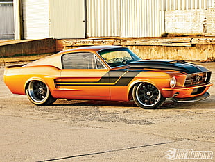 orange and black Ford Mustang, car, Ford, Ford USA, vintage HD wallpaper