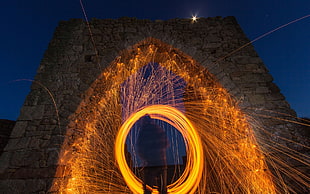steel wool photography of concrete wall, long exposure, night, architecture, arch