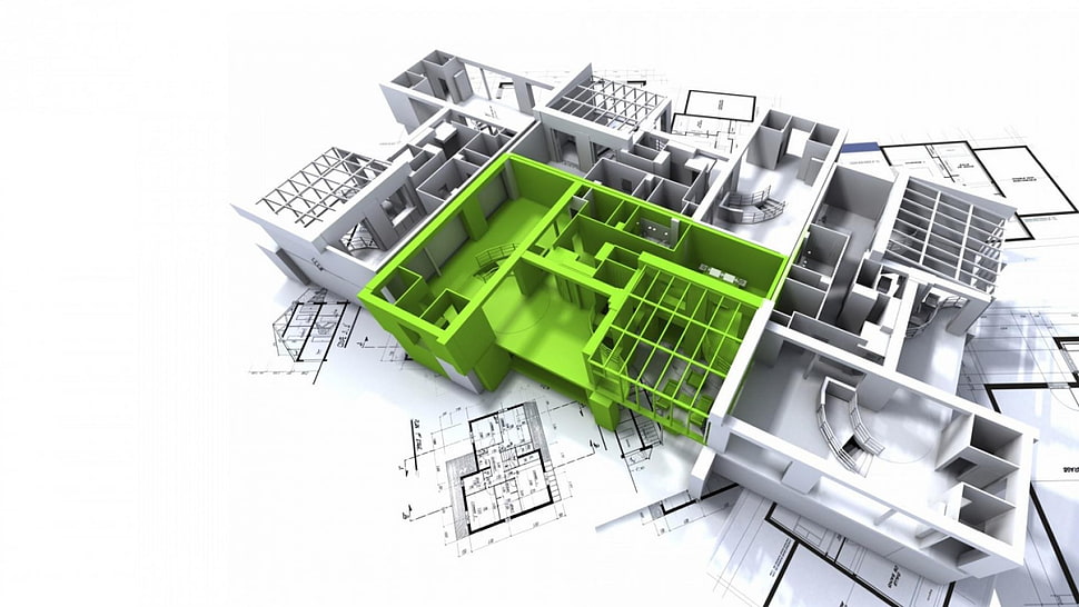 green and white building 3D floor plant, house, building, 3D, blueprints HD wallpaper