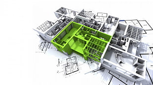 green and white building 3D floor plant, house, building, 3D, blueprints