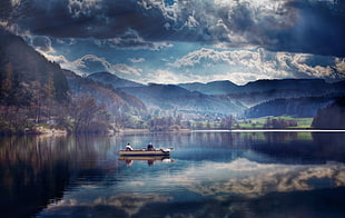 two man riding boat on calm water, landscape, nature, lake, boat
