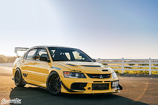 yellow 5-door hatchback, car, vehicle, StanceNation, Mitsubishi HD wallpaper