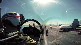 white and red pilot helmet, Boeing E/A-18G Growler, Boeing EA-18G Growler, cockpit, USS Harry S. Truman HD wallpaper