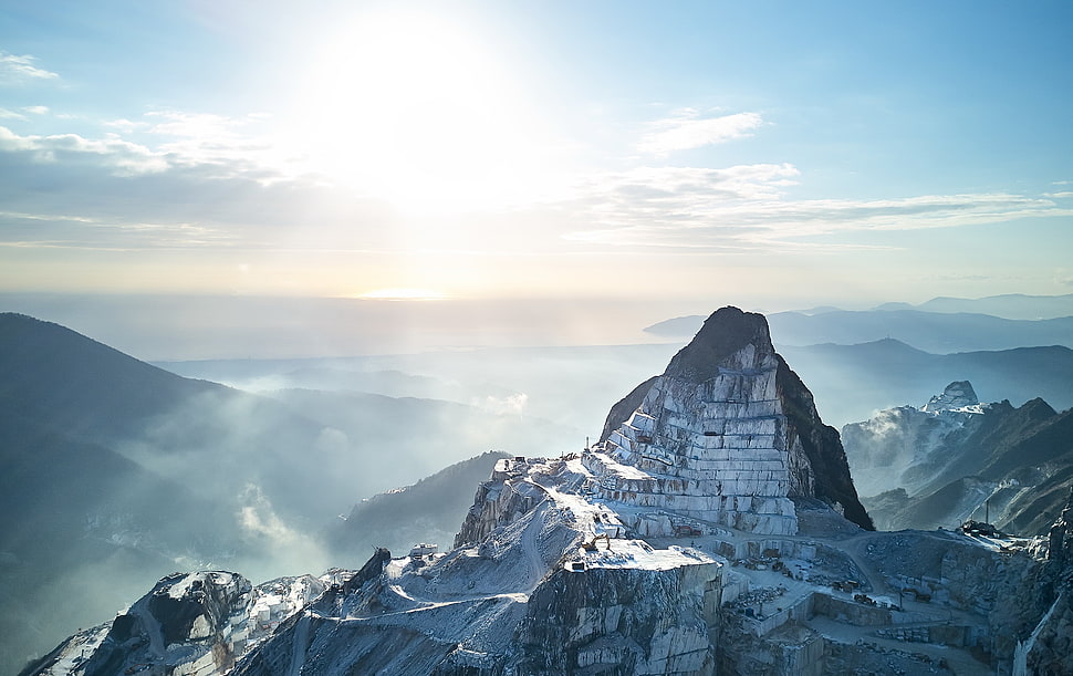 rock mountain, mountains, sky, Carrara Marble, blue HD wallpaper