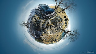 blue car illustration, artwork, panoramic sphere, car, trees