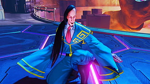 man with long hair and blue bell-sleeved top Overwatch character