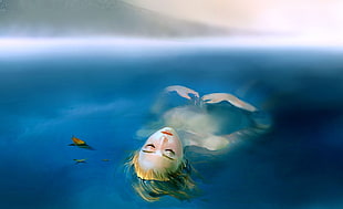 woman drifting on blue body of water painting
