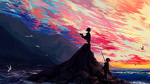two person on brown cliff illustration, artwork, original characters, nature HD wallpaper