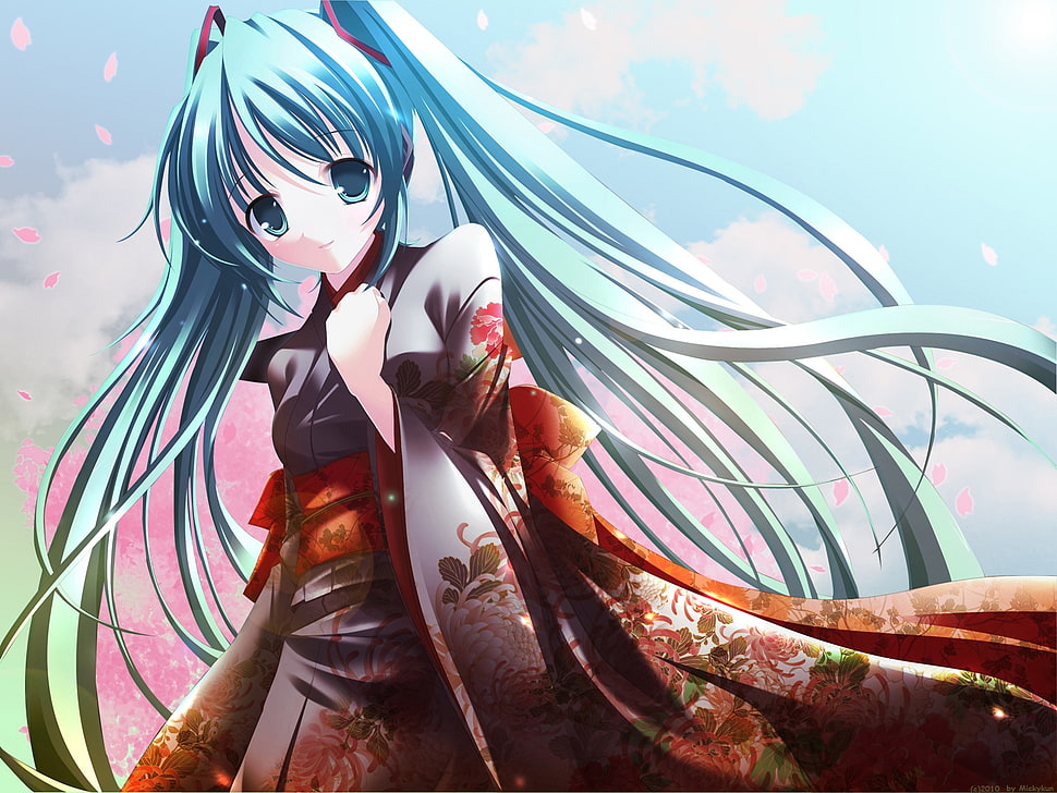 teal hair female anime character HD wallpaper