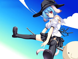blue-haired cartoon character in white and black mini dress and black witch hat