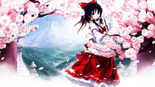 female anime character wearing white and red long-sleeve dress with background of cherry blossoms digital wallpaper