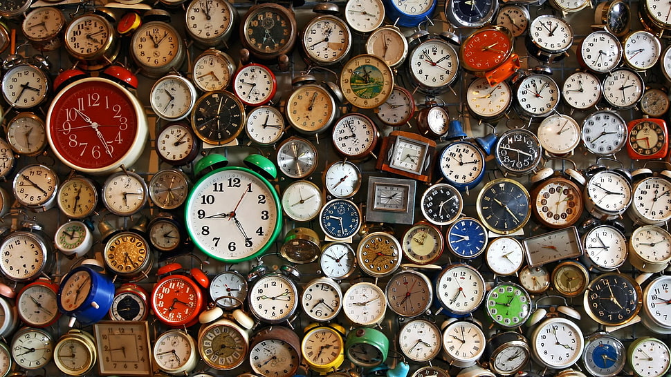 assorted analog clocks, pattern, texture, time, clocks HD wallpaper